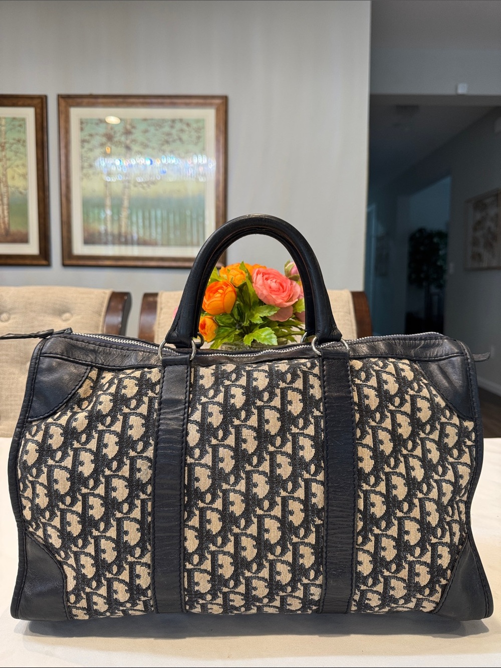 Authentic Dior Navy and Beige Logo Canvas Weekender Bag